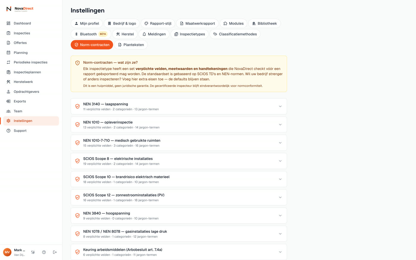 Scherm Norm-contracten met per inspectietype het aantal verplichte velden, categorieën en jargon-termen