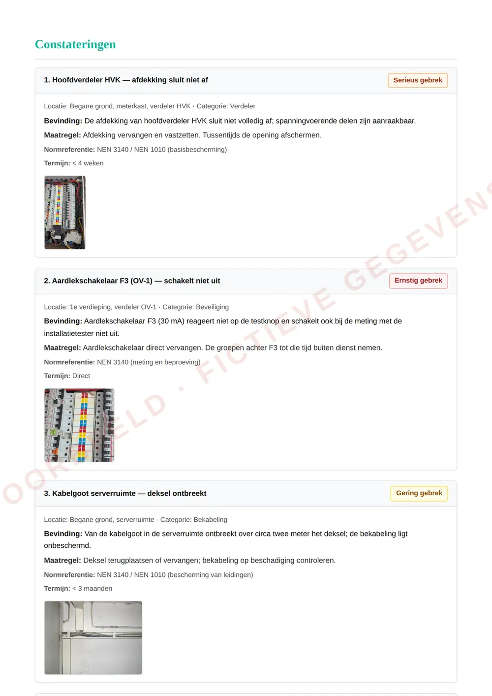 Constateringen van een voorbeeldrapport NEN 3140 — Laagspanning (fictieve gegevens)