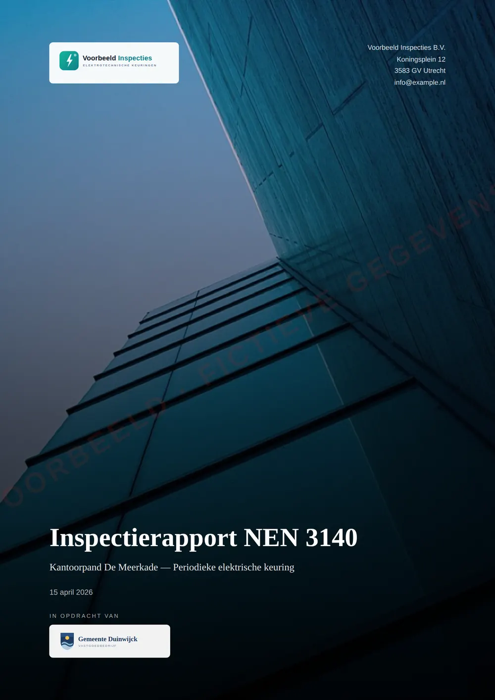 Voorblad van een voorbeeldrapport NEN 3140 — Laagspanning (fictieve gegevens)
